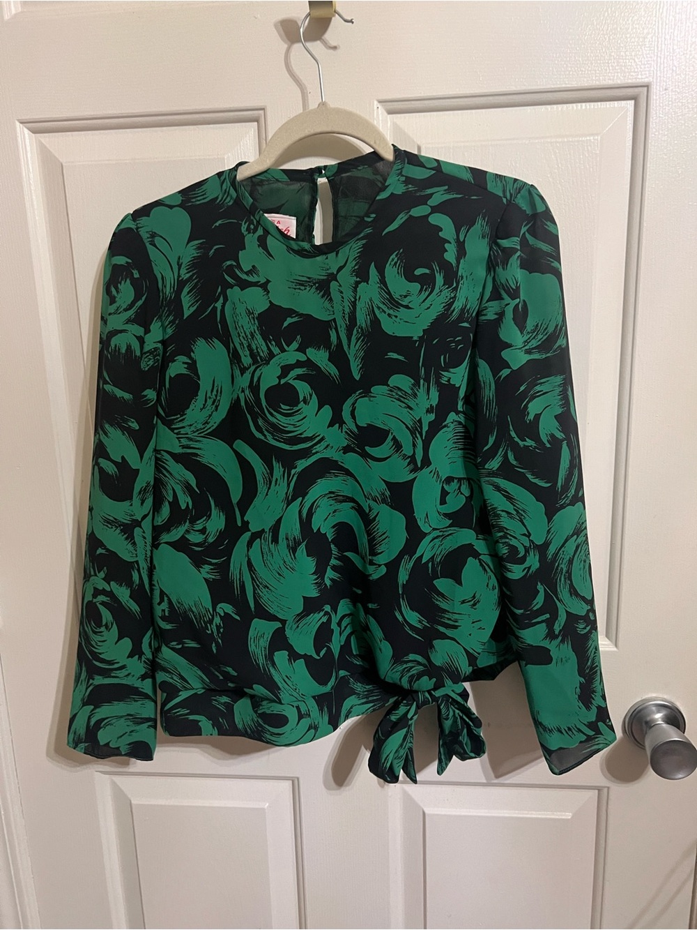 Vintage Green and Black Floral Tie-Front Blouse